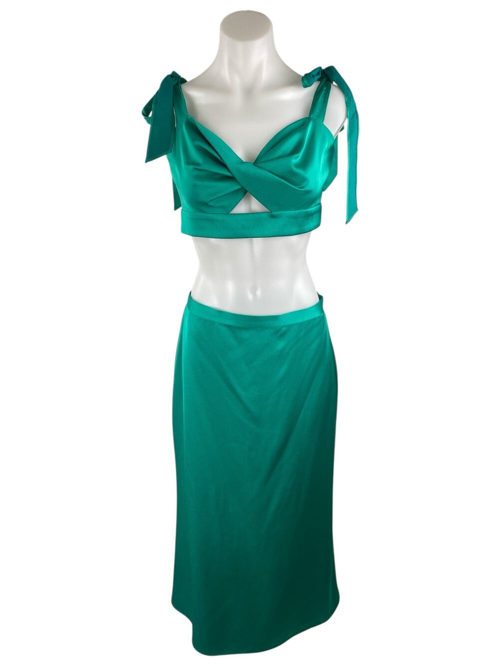 NEW Liv Foster Women's Green Satin Twist Front Crop Top Midi A-Line Skirt Set 6